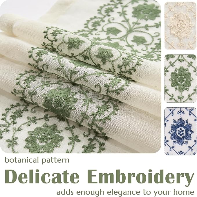 jinchan French Sheer Volie Door Curtain Embroidered Christmas Decor Farmhouse Linen Curtain for Patio Door with Tie up Bows for Door Window Closet Light Filtering 72 Inches 1 Panel Green on Beige