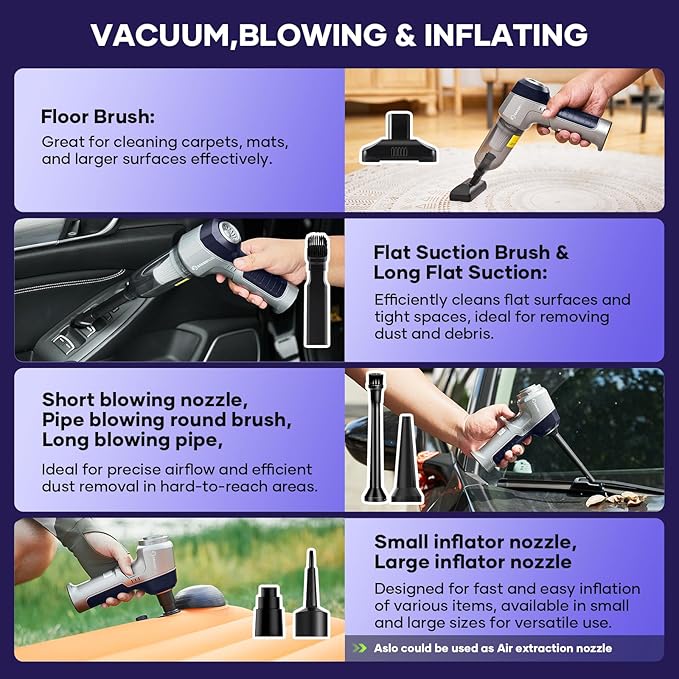 SakerPlus Mini Vacuum Cleaner, 3 in 1 Car Vacuum Cleaner High Power, 15000PA Powerful Suction, Air Duster, 7500mAh, Dual Filter,Adjustable Small Vaccum Portable Cordless for Cars,Desktop - Deep Blue