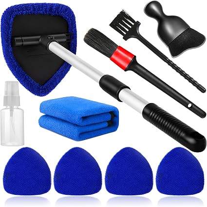 Qydipclin 10pcs Windshield Cleaning Tool Inside Car Window Cleaner Wash Kit with 4 Reusable Microfiber Pads 1 Spray Bott