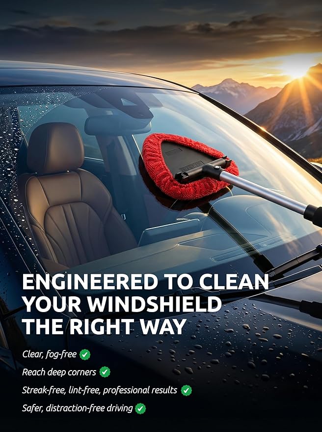 TAKAVU Windshield Window Cleaner Tool, Extendable Long-Reach Handle, Unique Pivoting Triangular Head, 3 Washable Reusable Microfiber Bonnets, Car & Home Inside Interior Exterior Use - Lint Free (Red)