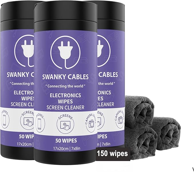 Swanky Cables Electronic Cleaning Wipes - Computer, TV, Monitor, Phone, Laptop, Tablet, Keyboard, Camera & Lens Cleaner, Portable Tech Screen Cleaner - With Microfiber Cloth - Canister, 150 Count
