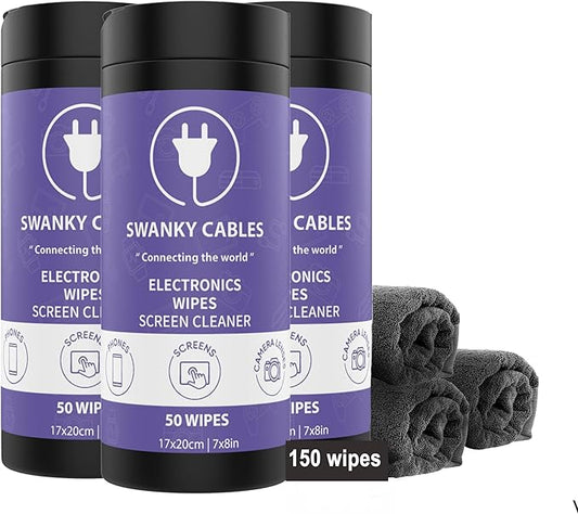 Swanky Cables Electronic Cleaning Wipes - Computer, TV, Monitor, Phone, Laptop, Tablet, Keyboard, Camera & Lens Cleaner, Portable Tech Screen Cleaner - With Microfiber Cloth - Canister, 150 Count