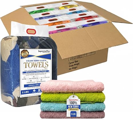 Premium Color Terry Cloth Rags - (5 lbs. Bag - Pack of 8) Super Absorbent Cotton Towel Cleaning Rags for Garage, Shop Cl