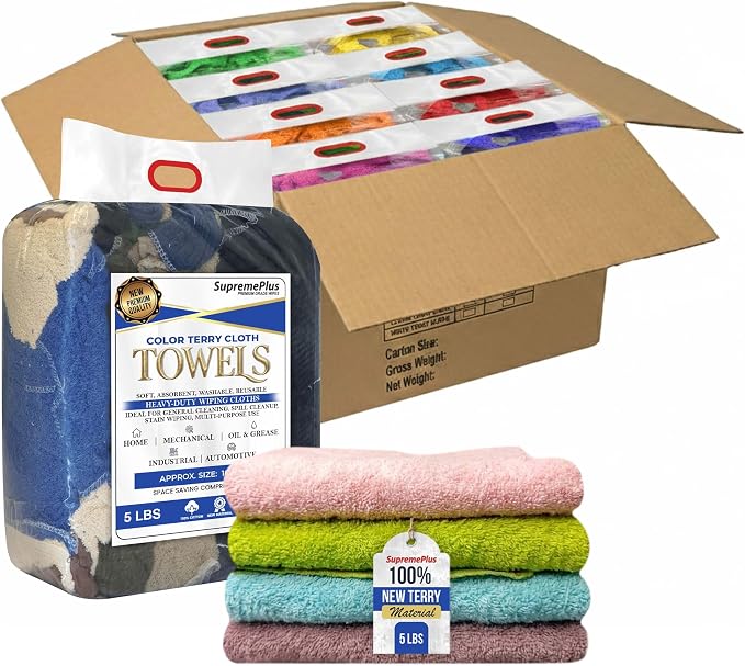 Premium Color Terry Cloth Rags - (5 lbs. Bag - Pack of 8) Super Absorbent Cotton Towel Cleaning Rags for Garage, Shop Cl