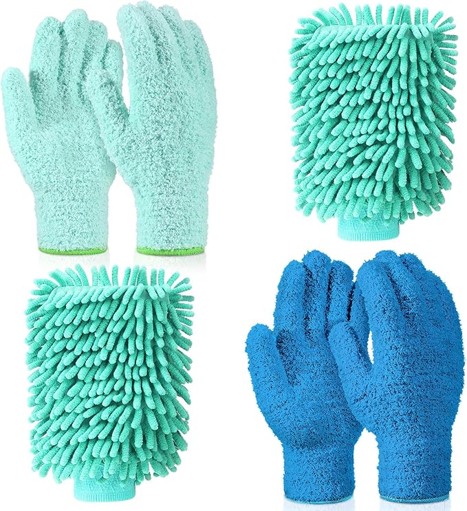 Potchen 6 Pcs Microfiber Dusting Mitt Gloves for Plants Washable Dusting Gloves for House Cleaning Furniture Car Washing