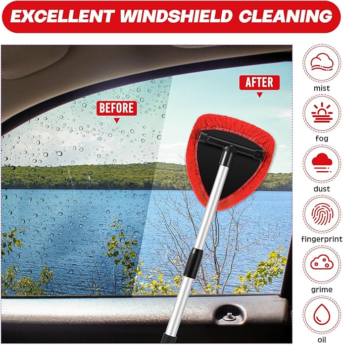 Potchen 8 Pcs Car Windshield Cleaner Tool Kit with Extendable Handle, Microfiber Towel Pads, Brush, Empty Spray Bottle for Auto Glass Wiper Suvs Rvs & Home Windows(Red)
