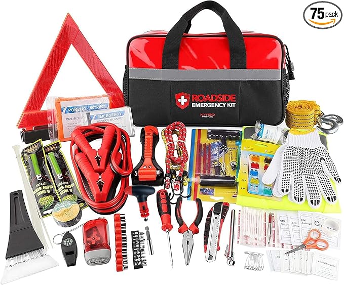Kitgo Car Emergency Kit,Premium Roadside Assistance Essentials with Jumper Cables, Flashlight, Shovel, Screwdriver Set -