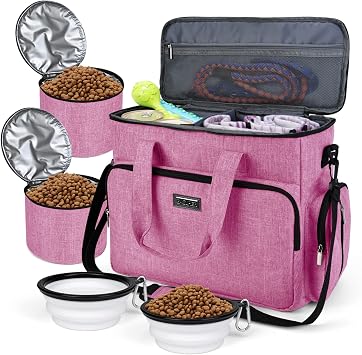 BAGLHER Dog Travel Bag, Pet Travel Bag (ALL Pet Travel Supplies), With 2 Pet Food Containers and 2 Collapsible Silicone 