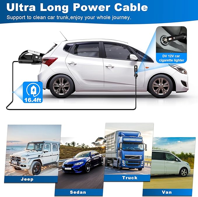 DRECELL Car Vacuum, Portable Car Vacuum Cleaner with 7000PA Suction, DC 12V High Power 16.4Ft Cord Wired Vacuum Cleaner for Car, LED Light, Lightweight, 0.33L Capacity, Storage Bag, Black, VC008C