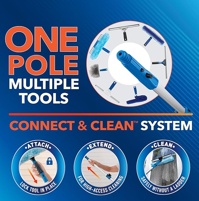 Unger Professional Connect and Clean 18” Grip Swivel Window, Glass Squeegee, and 8’ Pole, 180-Degree Pivoting Handle with Lock, Cleaning Supplies for Streak-Free Results