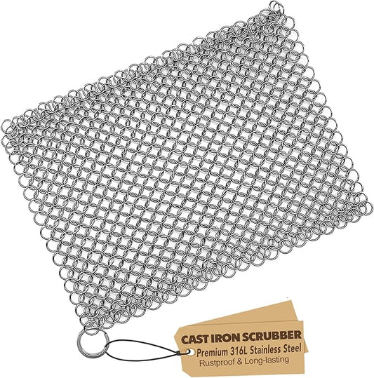 TOPULORS Cast Iron Scrubber 316 Stainless Steel Skillet Cleaner 8"x6" Chainmail Scrubber Scraper Chain Mail Link Scrub for Cast Iron Pre-Seasoned Pans, Griddles, BBQ Grills, and Pot Cookware Cleaning