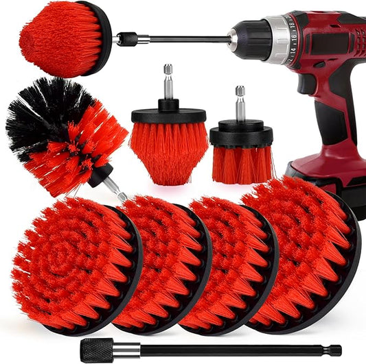 8 Pack Drill Brush Attachment Set, 1/4in Power Scrubber Brush + Extend Long Rod, Multi-Purpose Power Cleaning Scrub Brush for Bathroom, Tub, Tile, Corner, Floor(Red)