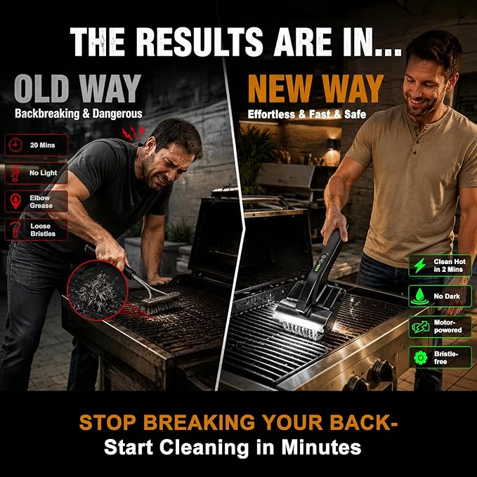 Electric Grill Brush, High Torque BBQ Bristle-Free Cleaner – Rechargeable Cordless with LED Light, Splash Guard & Scraper, Heavy Duty Grill Cleaning Tool for Outdoor Grill, Gift for Men Dad