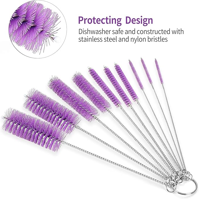 CiaraQ Bottle Cleaning Brushes, 8 Inch Nylon Tube Brush Set, Cleaner for Narrow Neck Bottles Cups with Hook, Set of 10pcs.