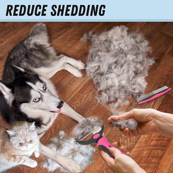 Docrok Pet Grooming Brush & Comb Combo, Cat & Dog Brush for Shedding & Dematting, Undercoat Rake for Long-haired Pets, Pink