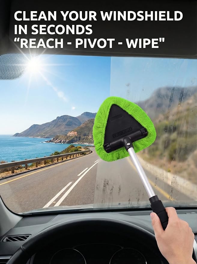 TAKAVU Car Window Cleaning Tool, Windshield Wiper Cleaner with Extendable Long-Reach Handle, 3 Washable Reusable Microfiber Bonnets, Car & Home Inside Interior Exterior Use - Lint Free (Green)