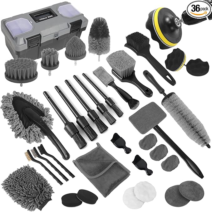 Car Detailing Kit, Car Detailing Brush Set, Car Cleaning Kit, Auto Detailing Tools for Interior Exterior Wheels, Professional Car Wash Accessories with Windshield Cleaning Tool and Storage Box(Grey)