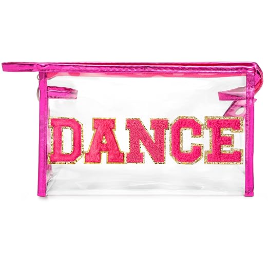 Y1tvei DANCE Clear Makeup Bag - Preppy Hot Pink Dance Chenille Patch Cosmetic Pouch Dancer Recital Survival Kit Extra La