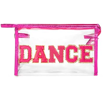 Y1tvei DANCE Clear Makeup Bag - Preppy Hot Pink Dance Chenille Patch Cosmetic Pouch Dancer Recital Survival Kit Extra La