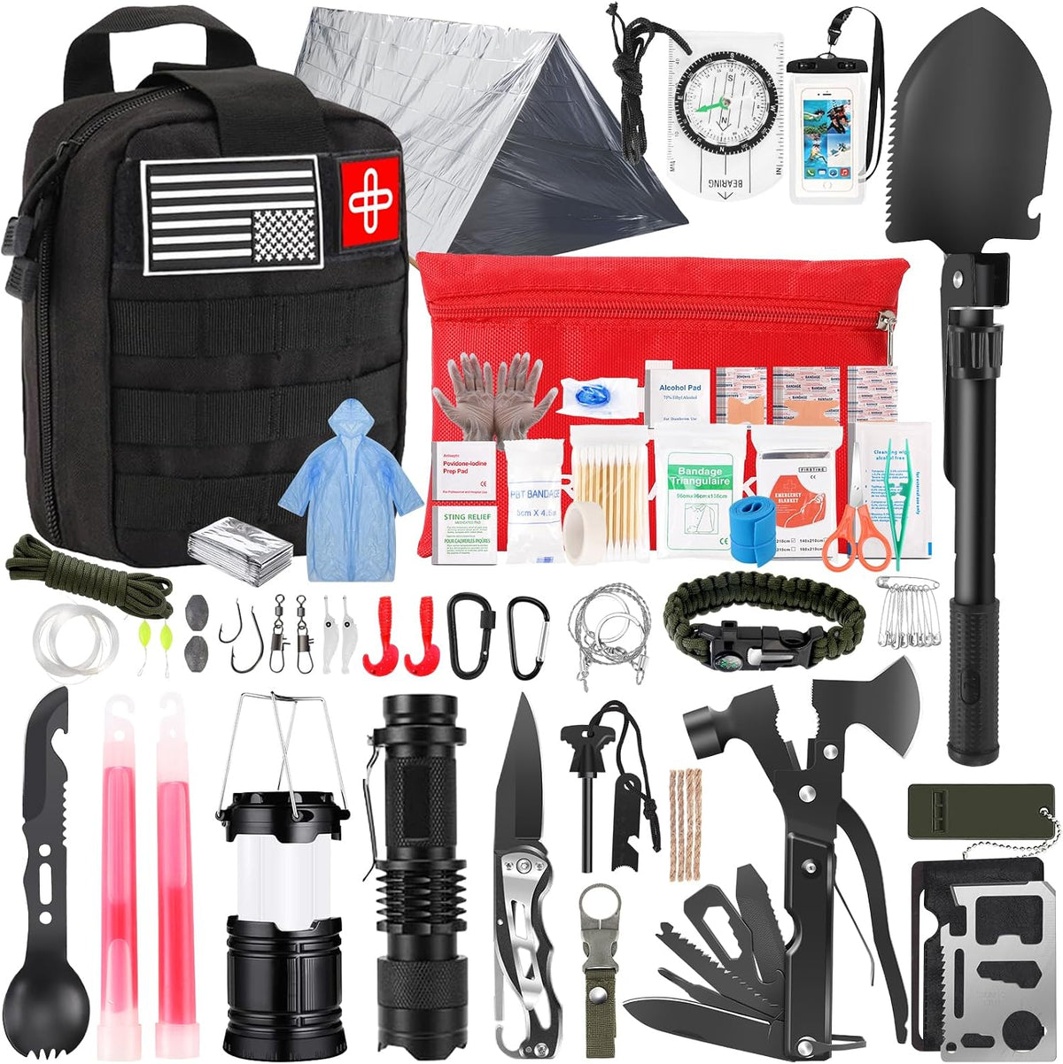 260Pcs Emergency Survival Kit, Full First Aid Supplies with Thermal Emergency Tent, Waterproof MOLLE Backpack, Emergency Gear for Car Earthquake Hiking Camping, Ideal Gift for Men, Dad