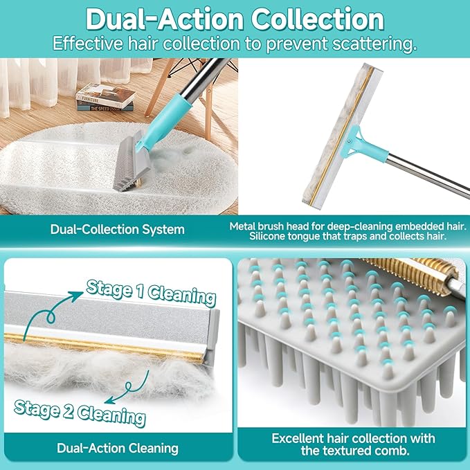 Carpet Rake for Pet Hair Removal Tool, Reusable Pet Hair Remover Broom, Dog&Cat Hair Remover Scraper Rake with 54” Adjustable Long Handle, 3 Pcs Carpet Brush Rake for Rugs, Mats, Couch, Furniture