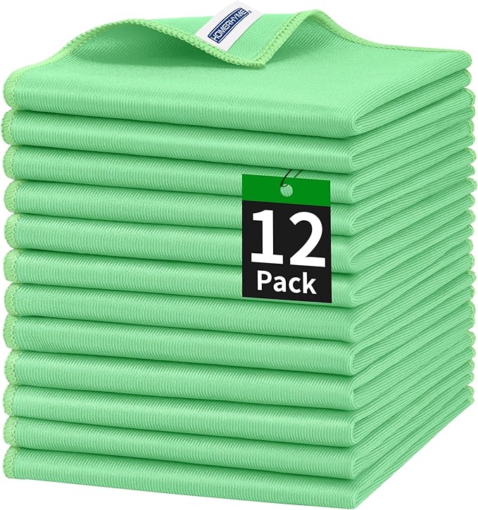 Microfiber Cleaning Cloth, 12 Pack Window Glasses Cleaning Cloth, Reusable Lint-Free Streak Free Polishing Cloth Wipes for Stainless Steel, Eyeglass, Mirror, Screen & Lense, Sage Green