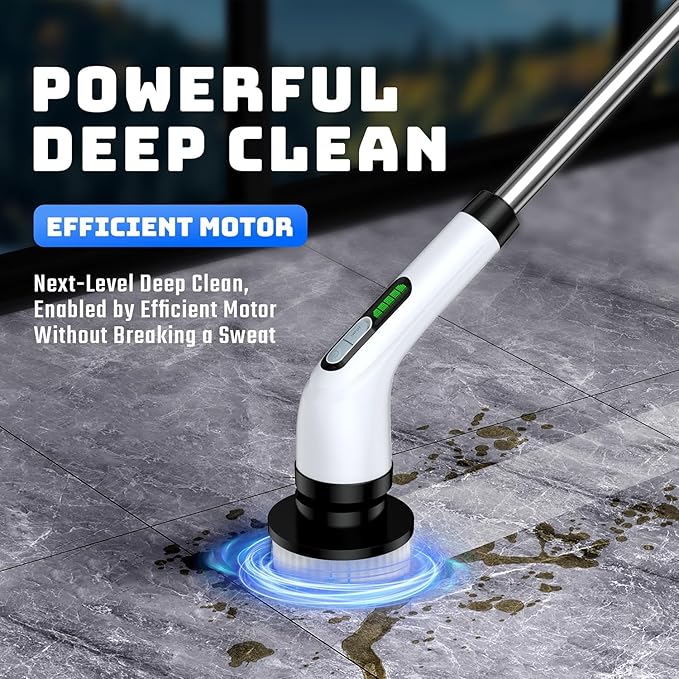 Electric Spin Scrubber for Bathroom: Shower Scrubber with Long Handle, Dual Speed Cordless Power Cleaning Scrub, 7 Brush Heads, IPX7 Waterproof Heavy Duty Cleaner Tools for Tub Tile Grout Wall