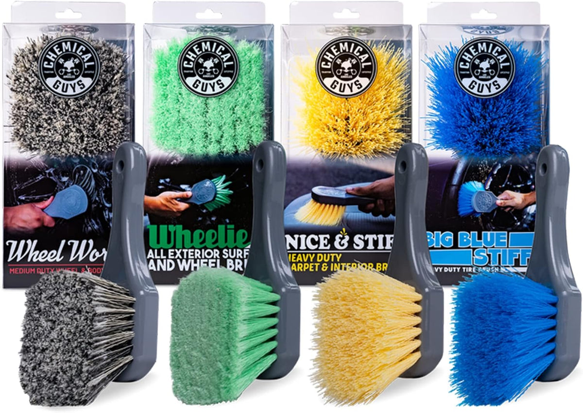 All Duty Brush Kit, ACCG09 Wheel Works Brush + ACCG02 Nice & Stiff Heavy Duty Carpet & Interior Brush + ACCG05 Big Blue Stiffy Heavy Duty Brush + ACCG08 Wheelie Exterior Surface Brush