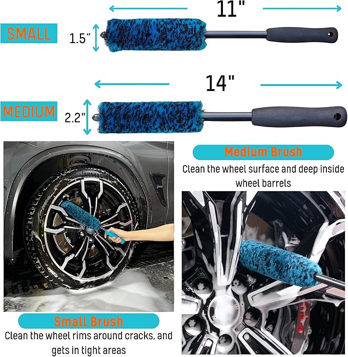 oesee 7PCS Car Wheel Rims Detail Cleaning PRO Wash Kit, Wheel Wash Mitt, Tire Brush, 2PCS Soft Wheels Brush, Detailing Brush, and Tire Dressing Pads, Microfiber Dry Towel Scratch-Free Cleaning