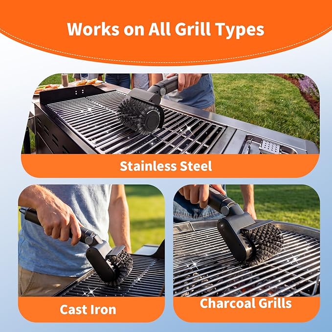 Electric Grill Cleaner 3-in-1 Kit, Cordless BBQ Grill Cleaner with Adjustable Angle, High Torque Motor, 3-Speed Rotating Grill Cleaning Brush for Burnt-On Grease & Grill Grates, Rechargeable