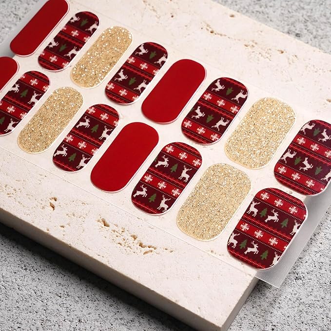 Nail Polish Strips, 32PCS Salon Quality Wraps, Long Lasting Gel Nail Stickers for Women Easy Apply& Remove (Christmas Fireside Glimmer)