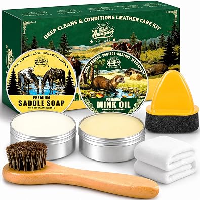 Leather Boot Care Kit,Mink Oil & Saddle Soap for Leather Cleaning,5-in-1 Leather Cleaner & Conditioner to Soften,Protect