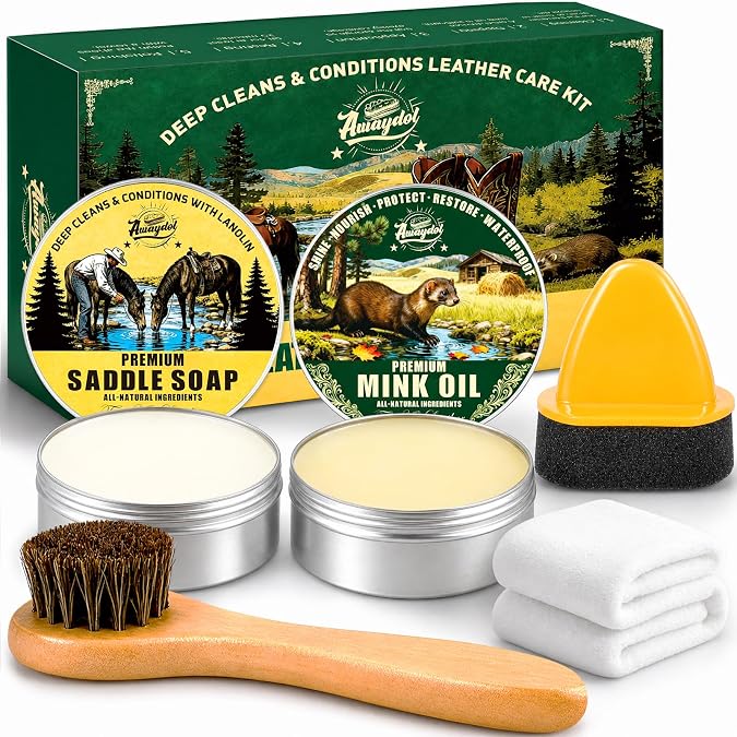 Leather Boot Care Kit,Mink Oil & Saddle Soap for Leather Cleaning,5-in-1 Leather Cleaner & Conditioner to Soften,Protect