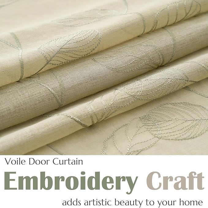 jinchan French Door Curtain Privacy Rustic Leaf Embroidered Semi Sheer Voile Front Curtain for Window Doorway Closet, Door Panel with Tieback Rod Pocket 1 Panel 55W x 40L Inch Sage Green