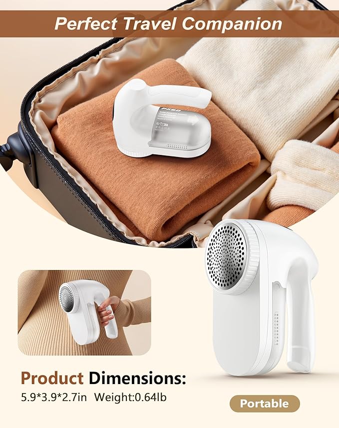 PKBD IPX6 Waterproof Washable Electric Fabric Shaver and Lint Remover, Rechargeable Sweater Defuzzer with 3 Free Extra Blades, Quickly and Effectively Remove Fluff, Fuzz, Bobbles for Clothes, White