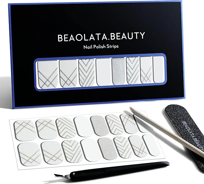Nail Polish Strips, 32PCS Salon Quality Wraps, Long Lasting Gel Nail Stickers for Women Easy Apply& Remove (Silver&line)