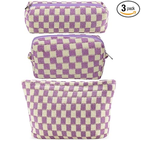 ZLFSRQ 3Pcs Checkered Makeup Bag for Women Large Small Checkered Cosmetic Bag Set Aesthetic Preppy Pencil Case Cute Penc