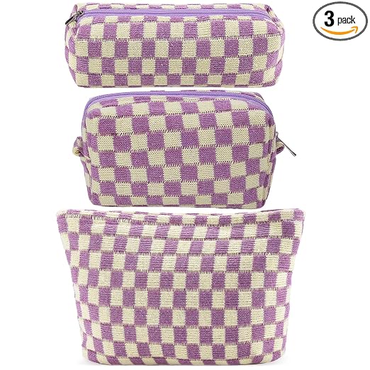 ZLFSRQ 3Pcs Checkered Makeup Bag for Women Large Small Checkered Cosmetic Bag Set Aesthetic Preppy Pencil Case Cute Penc