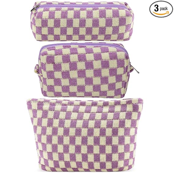 ZLFSRQ 3Pcs Checkered Makeup Bag for Women Large Small Checkered Cosmetic Bag Set Aesthetic Preppy Pencil Case Cute Penc
