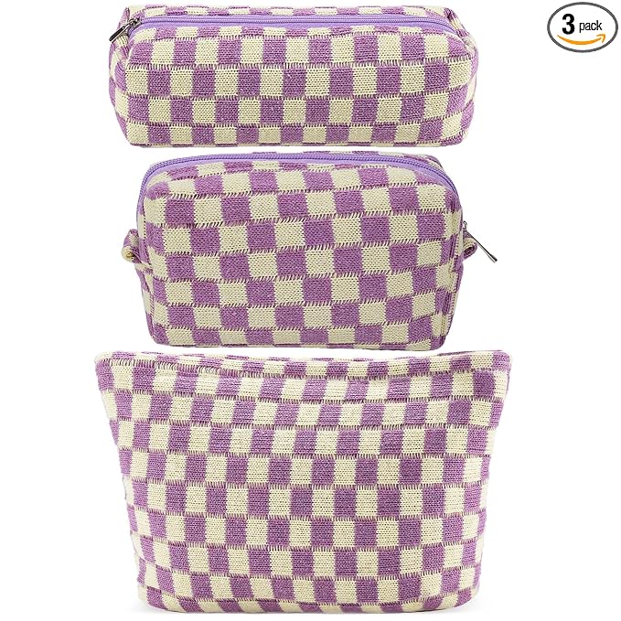ZLFSRQ 3Pcs Checkered Makeup Bag for Women Large Small Checkered Cosmetic Bag Set Aesthetic Preppy Pencil Case Cute Penc