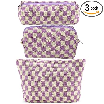 ZLFSRQ 3Pcs Checkered Makeup Bag for Women Large Small Checkered Cosmetic Bag Set Aesthetic Preppy Pencil Case Cute Penc