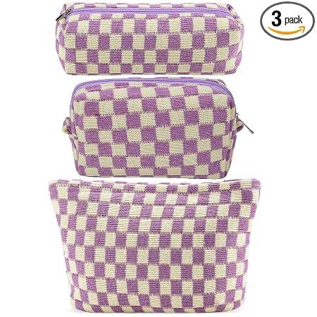 ZLFSRQ 3Pcs Checkered Makeup Bag for Women Large Small Checkered Cosmetic Bag Set Aesthetic Preppy Pencil Case Cute Penc