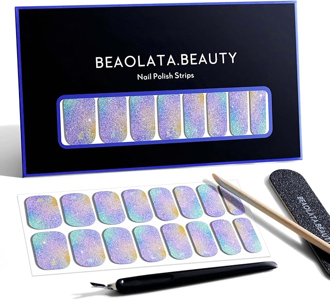 Nail Polish Strips, 32PCS Salon Quality Wraps, Long Lasting Gel Nail Stickers for Women Easy Apply& Remove (Fairies's Blue Glitter)