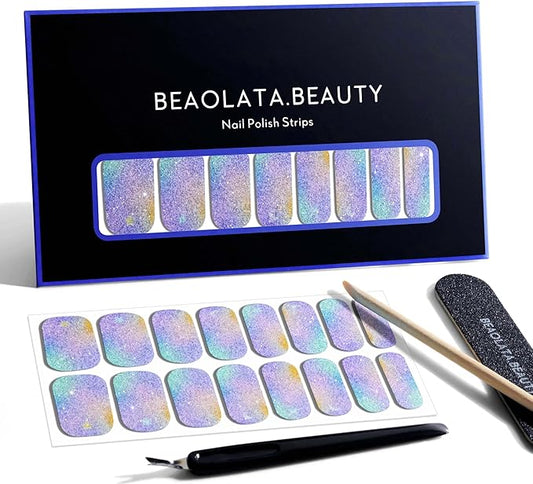 Nail Polish Strips, 32PCS Salon Quality Wraps, Long Lasting Gel Nail Stickers for Women Easy Apply& Remove (Fairies's Blue Glitter)
