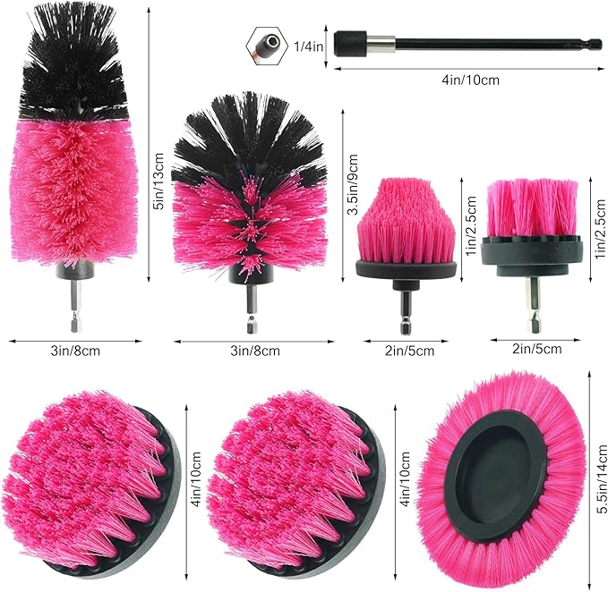 8 Pcs Drill Brush Attachment Set, Power Cleaning Scrub Brush Kit with Extend Long Attachment, All Purpose Drill Scrub Brushes for Car, Grout, Floor, Tub, Bathroom and Kitchen (Pink)