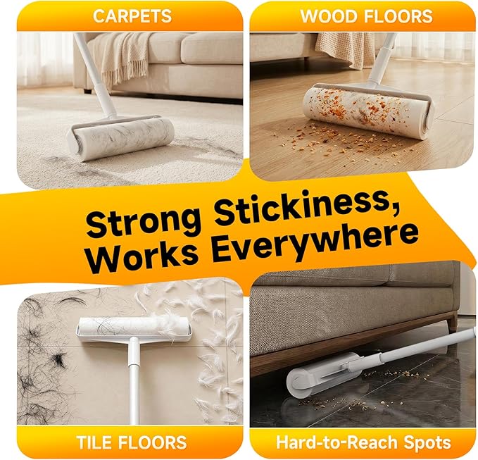 Large Floor Lint Roller with Extendable Long Handle, 9.45" Extra Wide Sticky Roller, 400 Sheets with 3 Refills, Heavy Duty Pet Hair Remover for Floor, Carpet, Couch & Hard-to-Reach Areas