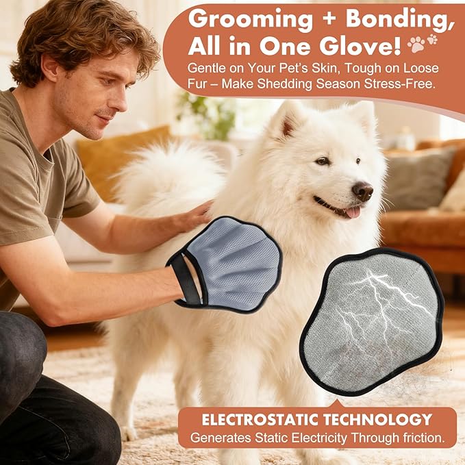 Pet Hair Removal Glove, Electrostatic Pet Hair Remover Glove for Cats & Dogs, Pet Hair Remover Tool for Laundry, Couch, Carpet, Car Seat - Upgraded Five-Finger, Reusable, Grey+Grey