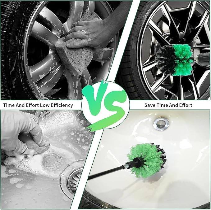 8 Pcs Drill Brush Attachment Set, Power Cleaning Scrub Brush Kit with Extend Long Attachment, All Purpose Drill Scrub Brushes for Car, Grout, Floor, Tub, Bathroom and Kitchen (Green)