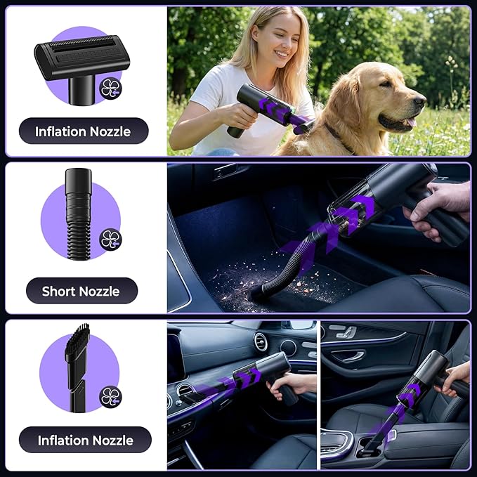 20000Pa Cordless Car Vacuum, 80,000 RPM Brushless Motor Handheld Vacuum with 7-in-1 Air Duster Blower, Portable Type-C Rechargeable Cleaning Kit for Pet Hair, Home & Office, Dark Black