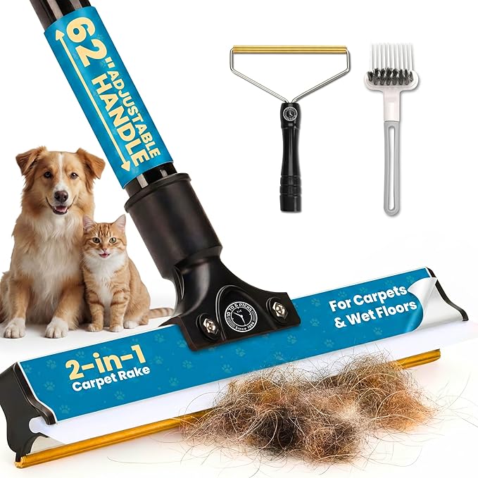 62" Carpet Rake for Pet Hair Removal – Adjustable Carpet Broom Bundle with Carpet Scraper & Hair Picker, Pet Hair Removal Tool for Dog & Cat Hair, Rug Rake Carpet Brush for Furniture & Carpets